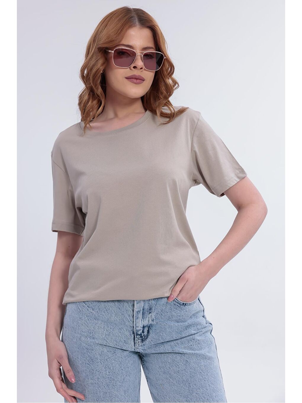 Bej Kadın Basic Rahat Kalıp Elastanlı 30/1 Süprem Tişört-380-3
