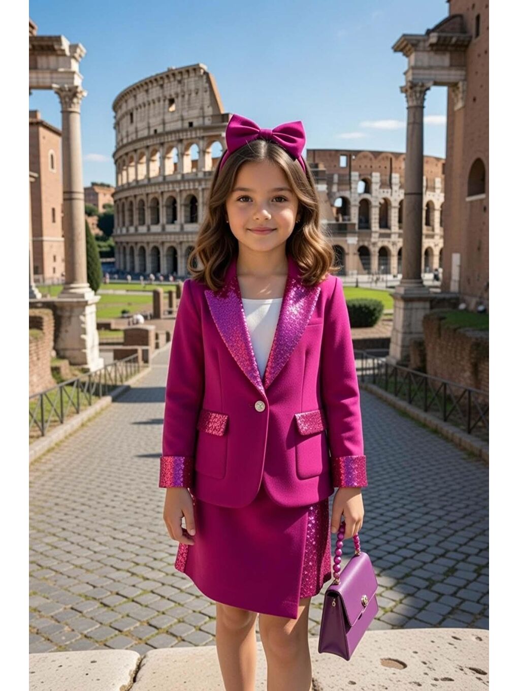 Kız Çocuk Üzeri Pullu ve Cep Detaylı Şal Yaka Ceket ve Asimetrik Kesim Mor Pullu Etekli Takım-1