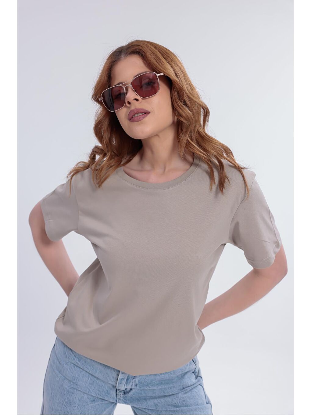 Bej Kadın Basic Rahat Kalıp Elastanlı 30/1 Süprem Tişört-380-4