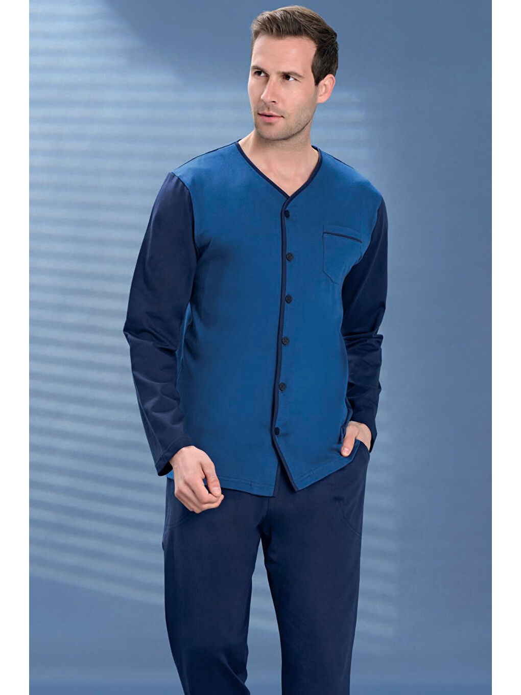 Büyük Beden Erkek Penye Düğme Detay Uzun Kol Pijama Takımı 2143 Lacivert10-1