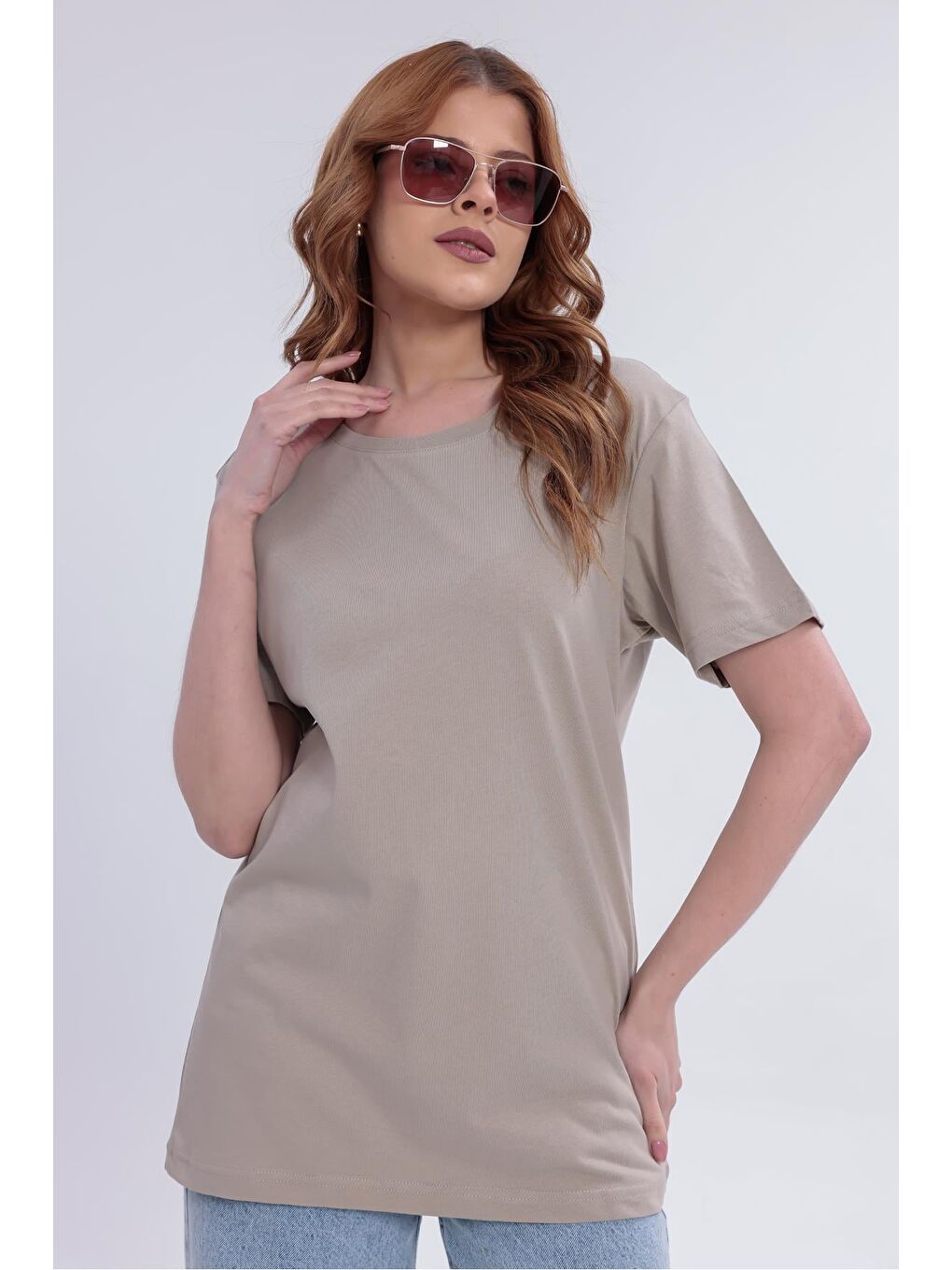 Bej Kadın Basic Rahat Kalıp Elastanlı 30/1 Süprem Tişört-380-5