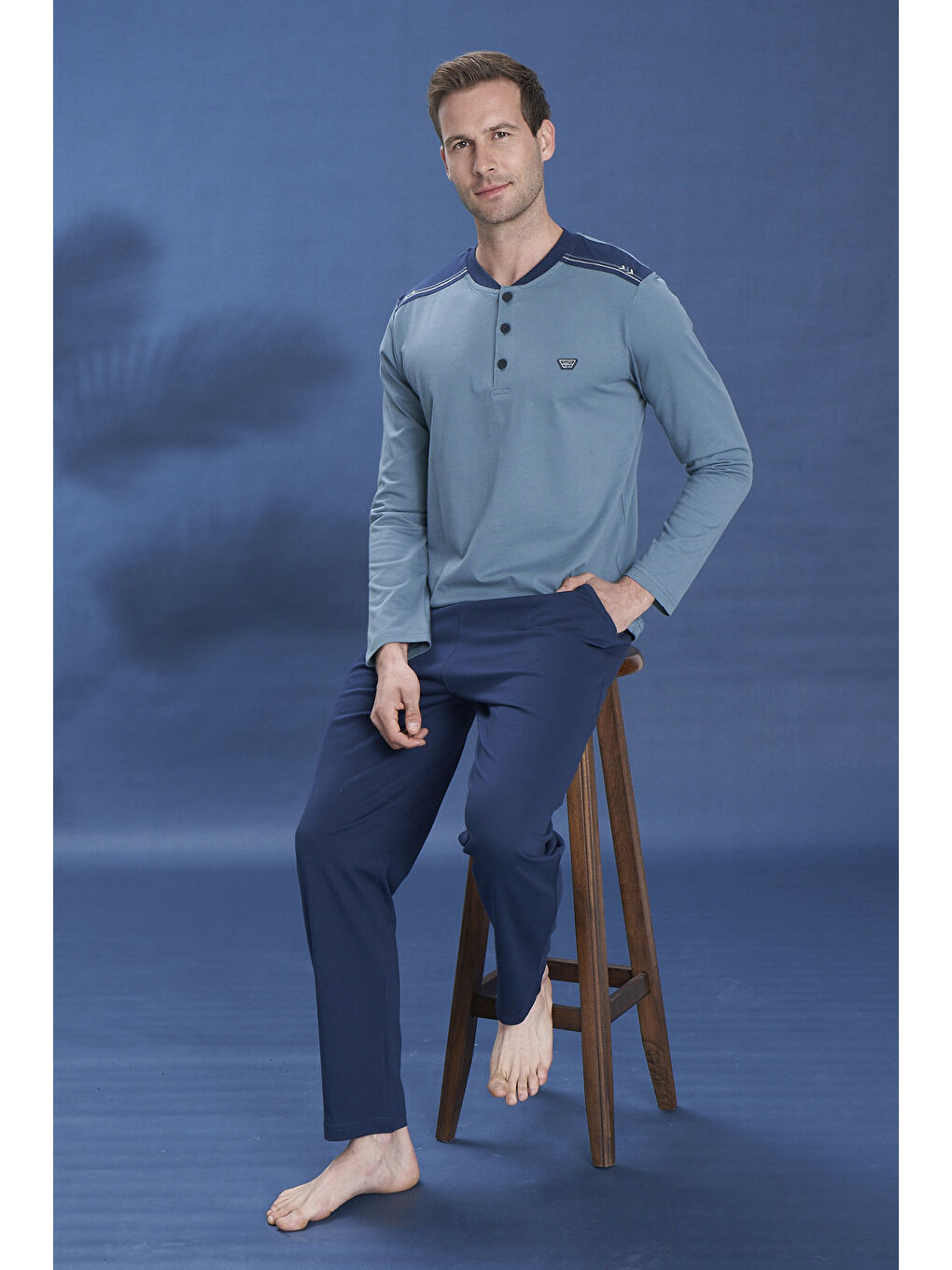 Erkek Penye Yarım Düğme Detay Uzun Kol Pijama Takımı 2115 Yeşil02-2