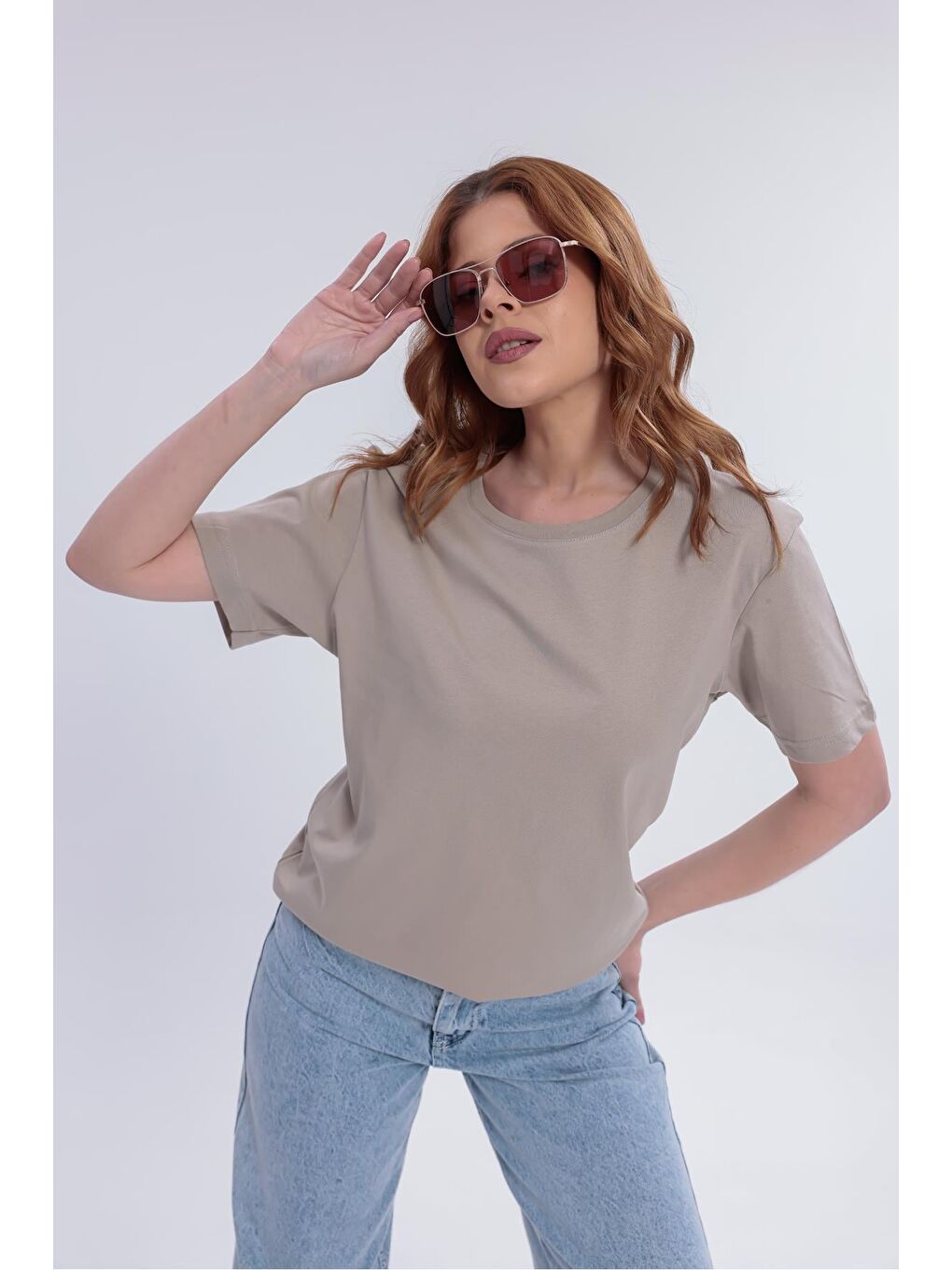 Bej Kadın Basic Rahat Kalıp Elastanlı 30/1 Süprem Tişört-380-6