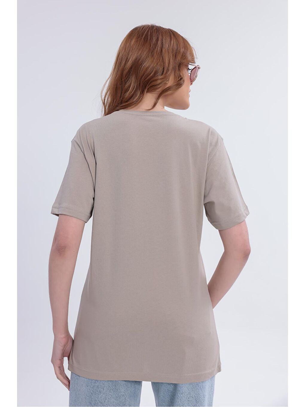 Bej Kadın Basic Rahat Kalıp Elastanlı 30/1 Süprem Tişört-380-7