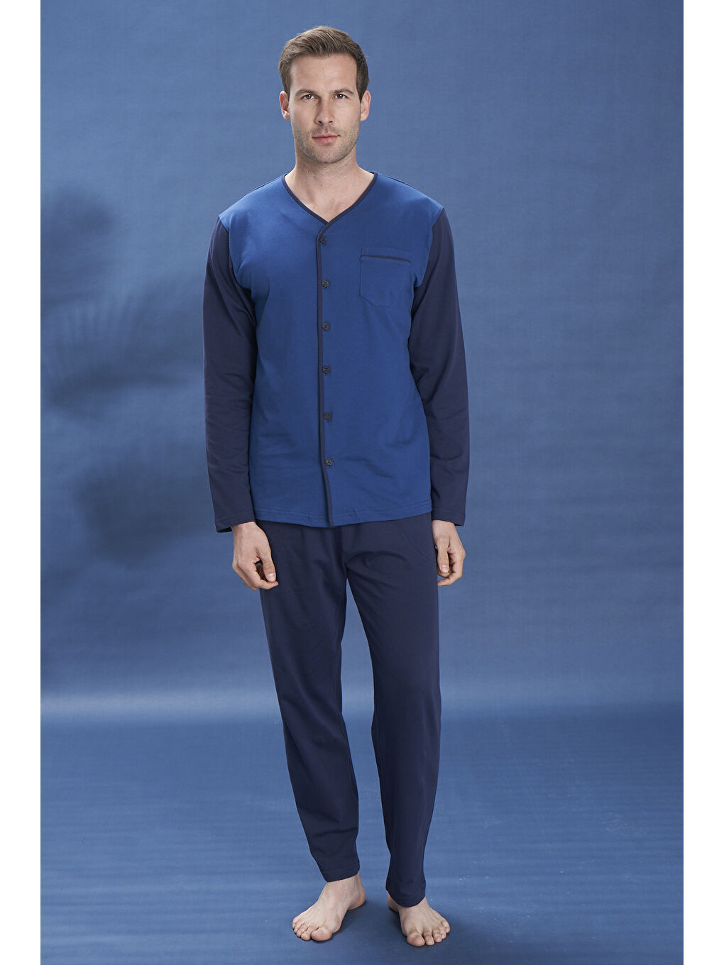 Büyük Beden Erkek Penye Düğme Detay Uzun Kol Pijama Takımı 2143 Lacivert10-2