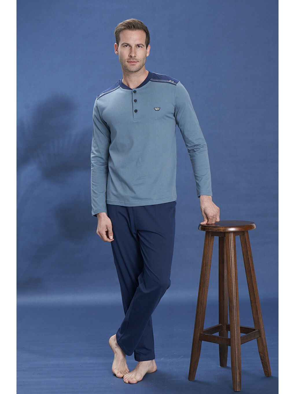 Erkek Penye Yarım Düğme Detay Uzun Kol Pijama Takımı 2115 Yeşil02-3