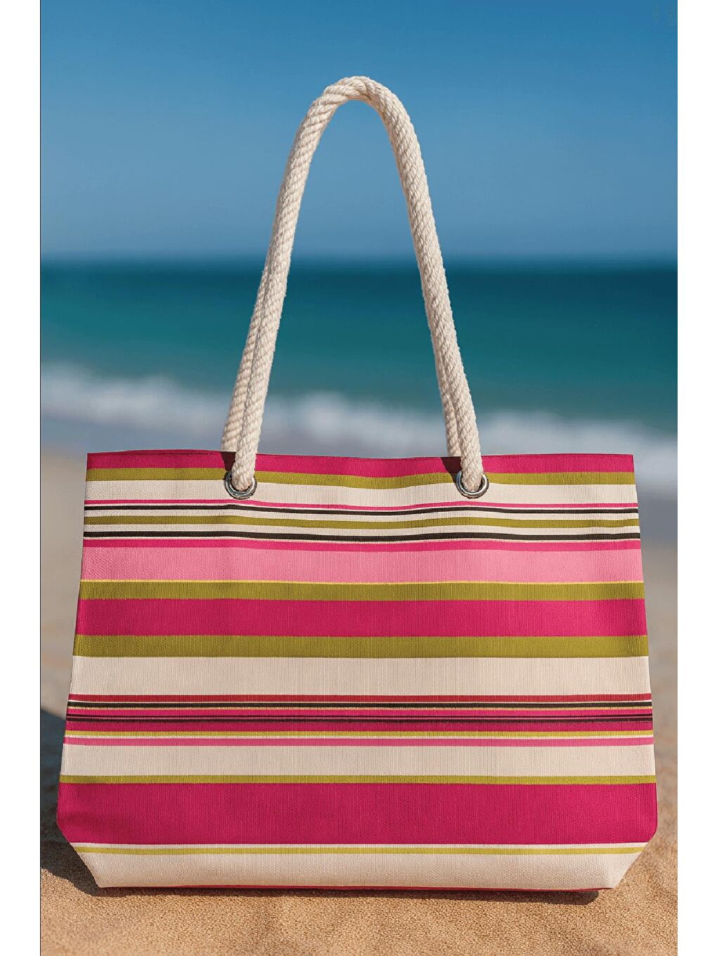 Koyu Pembe Çizgili Plaj Çantası