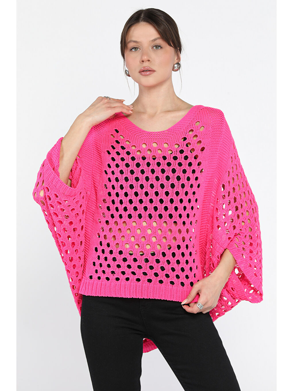 Fuşya Ajurlu Kadın Triko Bluz