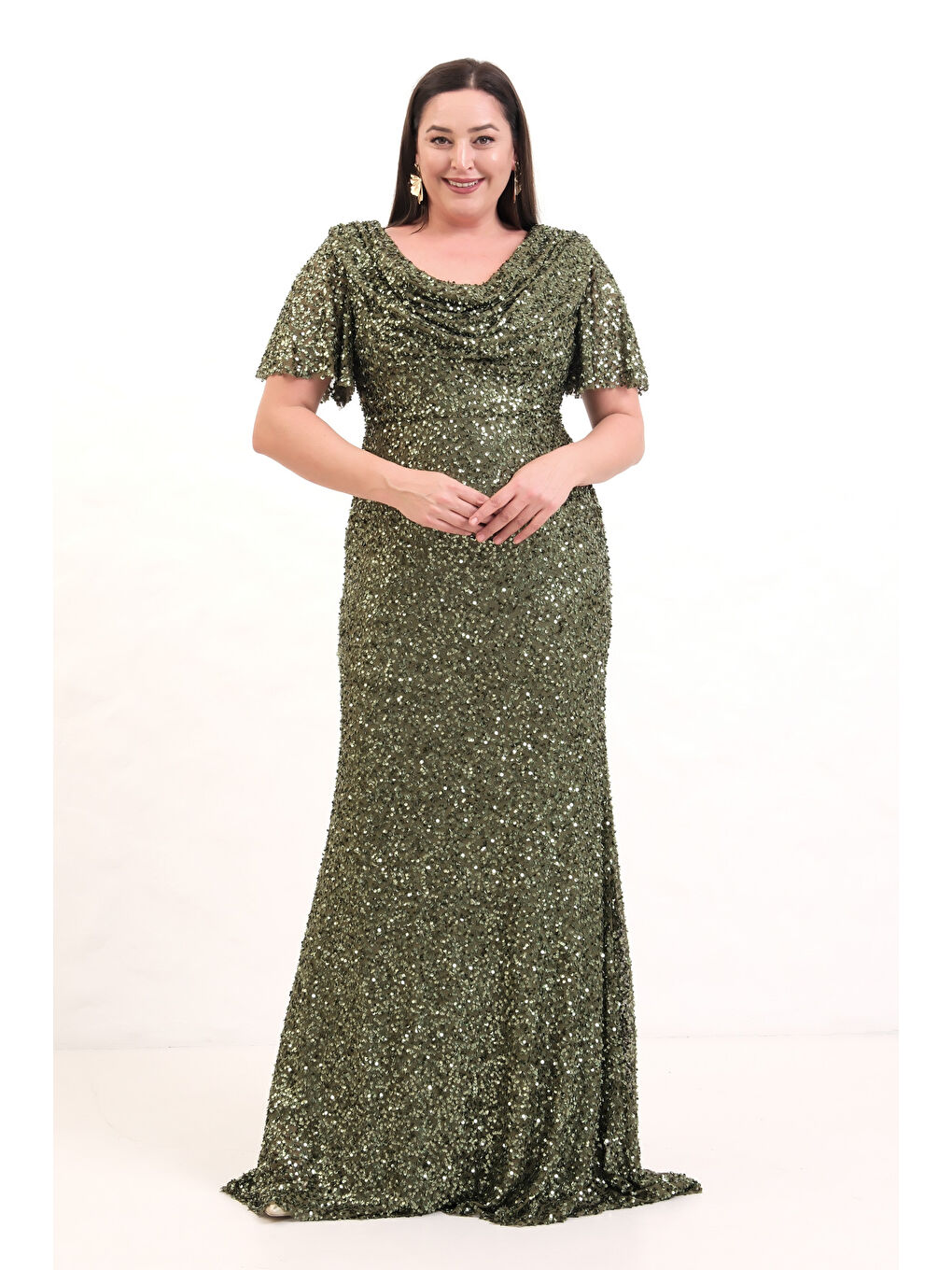 Kadın Haki Degaje Yaka Pul Payet Büyük Beden Uzun Abiye Elbise-1