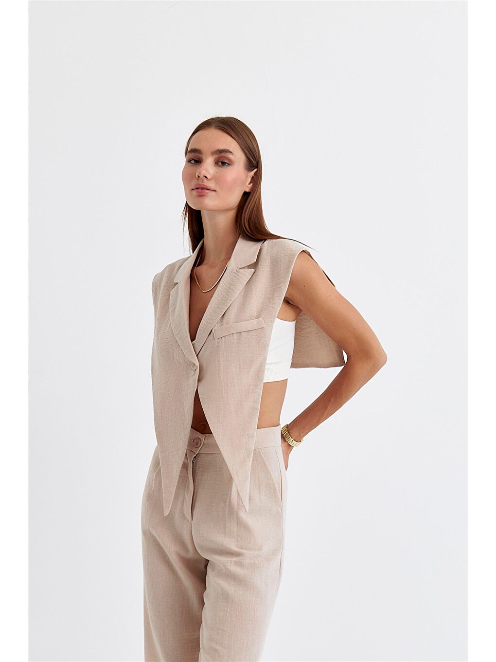 Bej Keten Karışımlı Tasarım Vizon Kadın Yelek-2