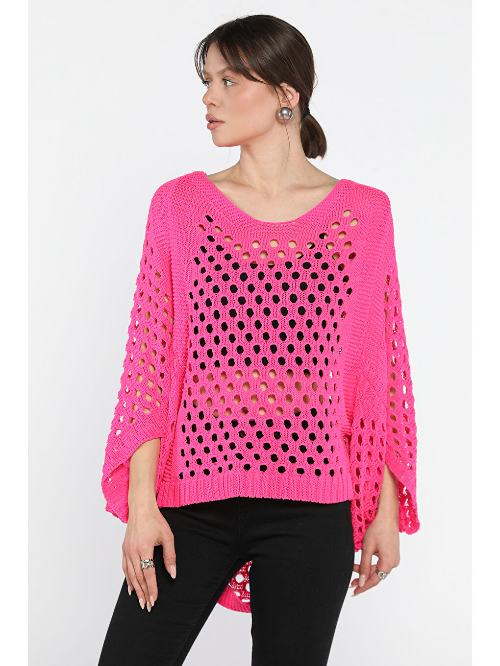 Fuşya Ajurlu Kadın Triko Bluz-1