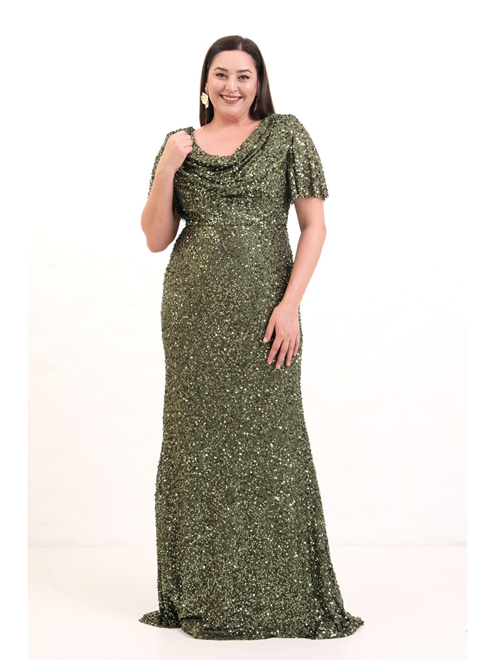 Kadın Haki Degaje Yaka Pul Payet Büyük Beden Uzun Abiye Elbise-2