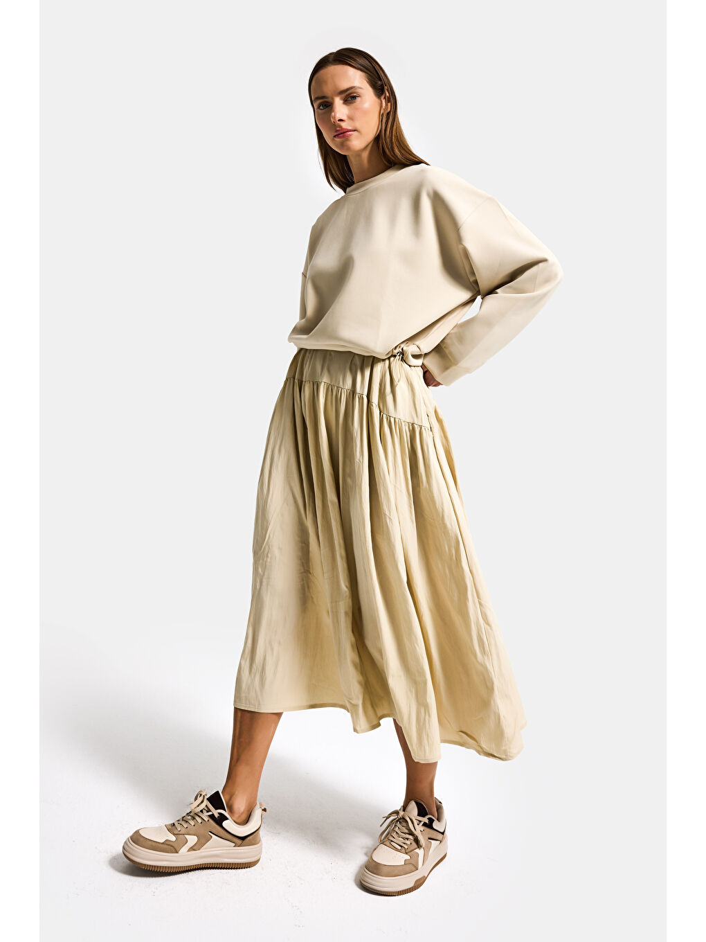 Kadın Bej w5 Sweatshirt Etek Tek Parça Tasarım Elbise