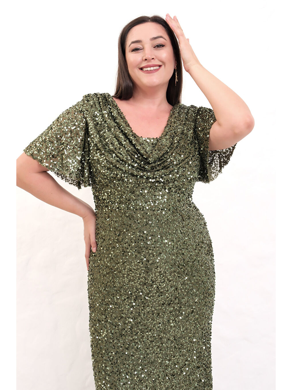 Kadın Haki Degaje Yaka Pul Payet Büyük Beden Uzun Abiye Elbise-3