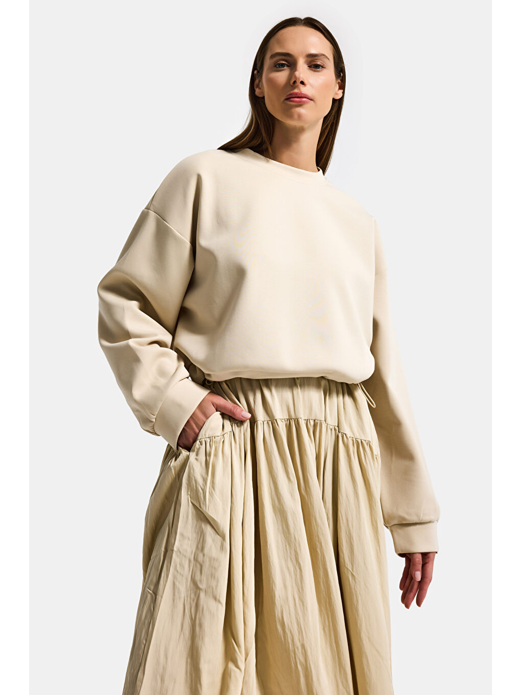 Kadın Bej w5 Sweatshirt Etek Tek Parça Tasarım Elbise-1