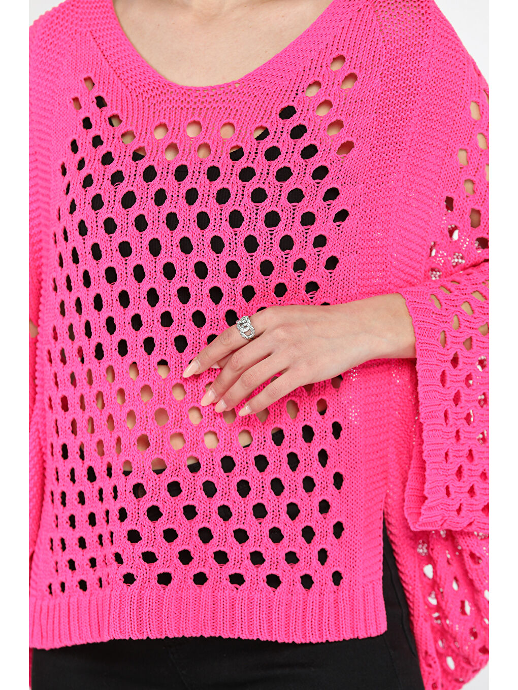 Fuşya Ajurlu Kadın Triko Bluz-3