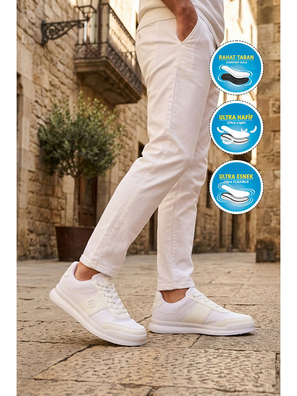 Beyaz-Beyaz Fileli Hafif Esnek Erkek Spor Ayakkabı BST-2088 M-2