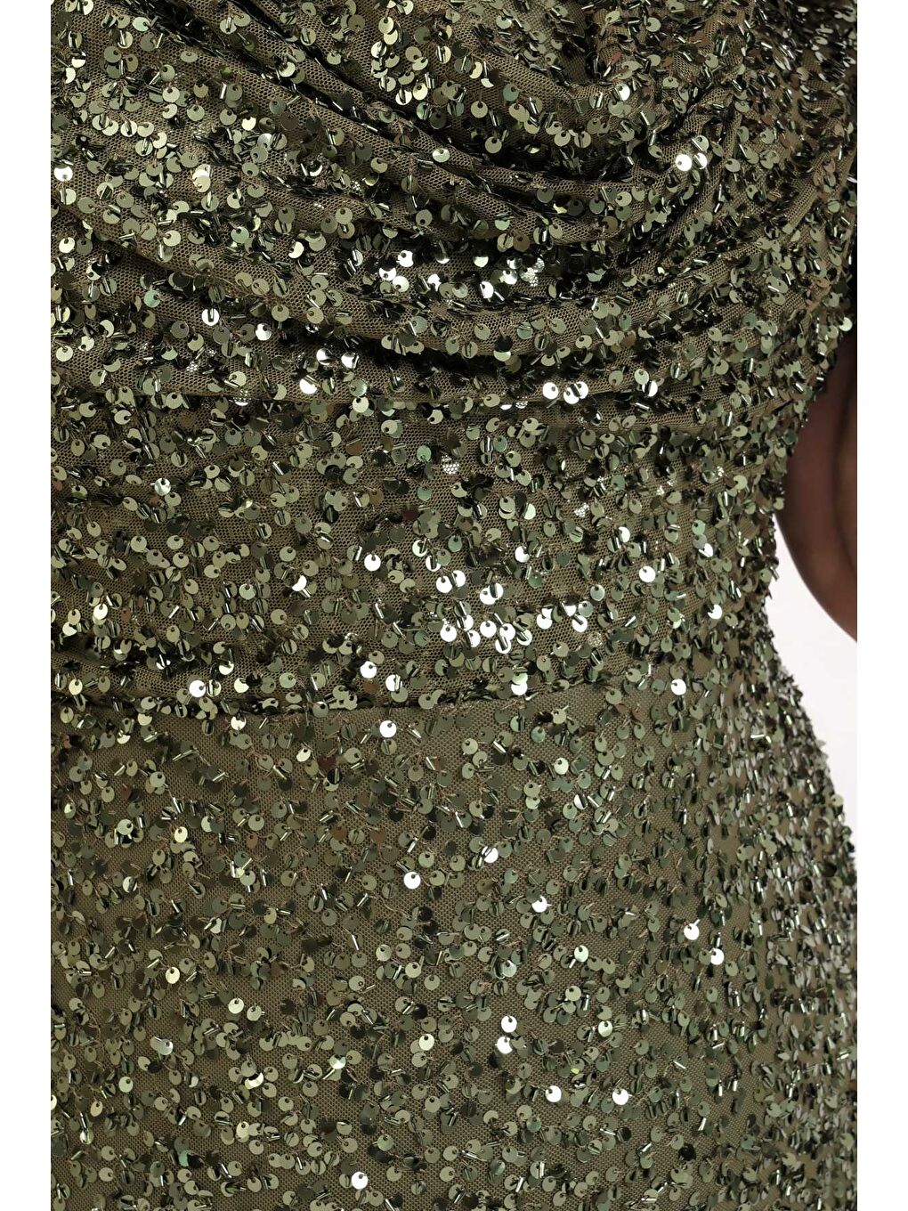 Kadın Haki Degaje Yaka Pul Payet Büyük Beden Uzun Abiye Elbise-4