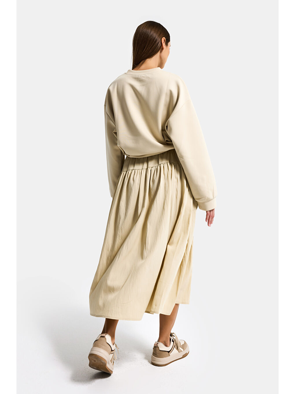 Kadın Bej w5 Sweatshirt Etek Tek Parça Tasarım Elbise-2