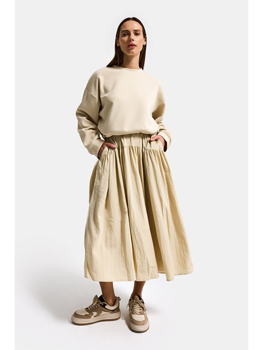 Kadın Bej w5 Sweatshirt Etek Tek Parça Tasarım Elbise-3