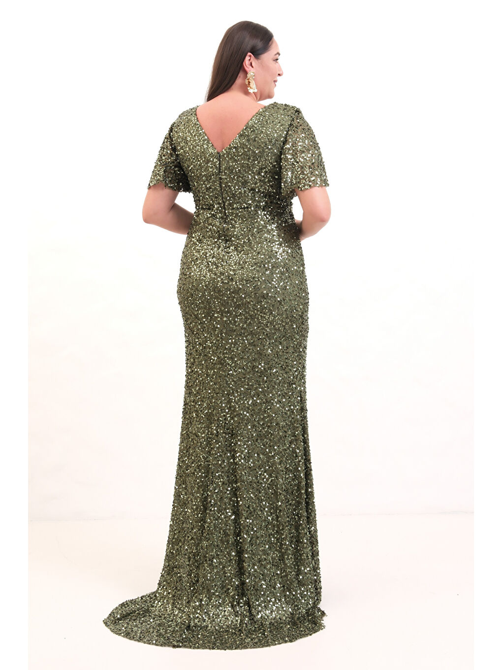 Kadın Haki Degaje Yaka Pul Payet Büyük Beden Uzun Abiye Elbise-5