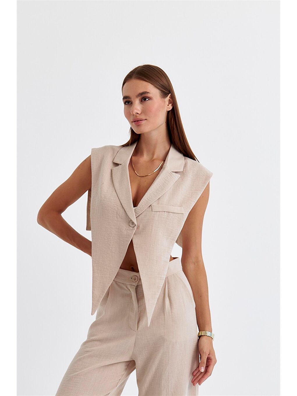 Bej Keten Karışımlı Tasarım Vizon Kadın Yelek-4