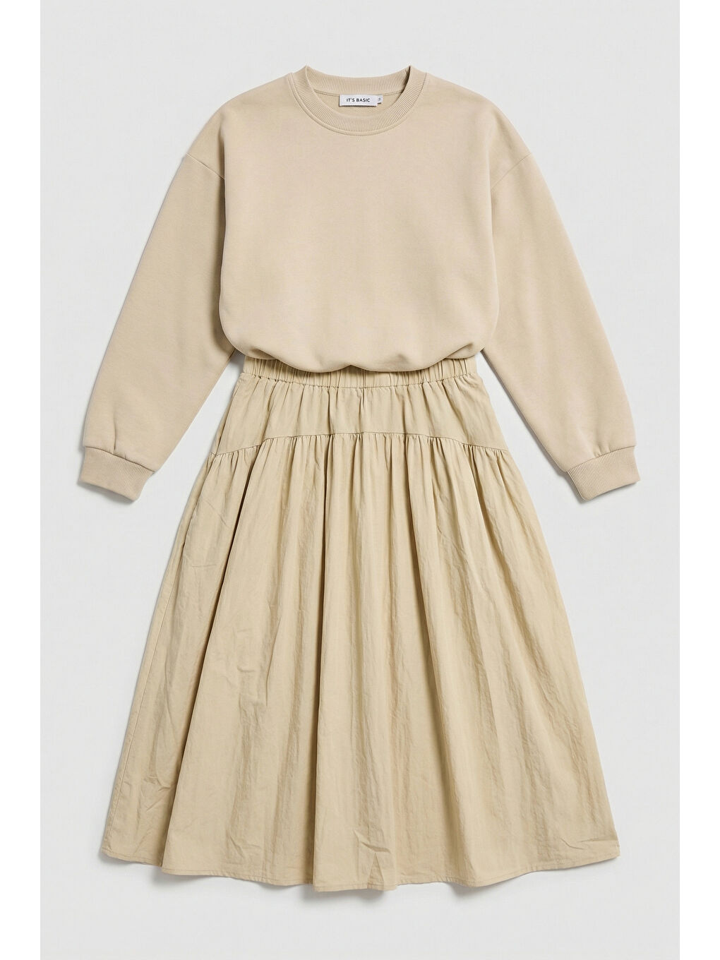 Kadın Bej w5 Sweatshirt Etek Tek Parça Tasarım Elbise-4