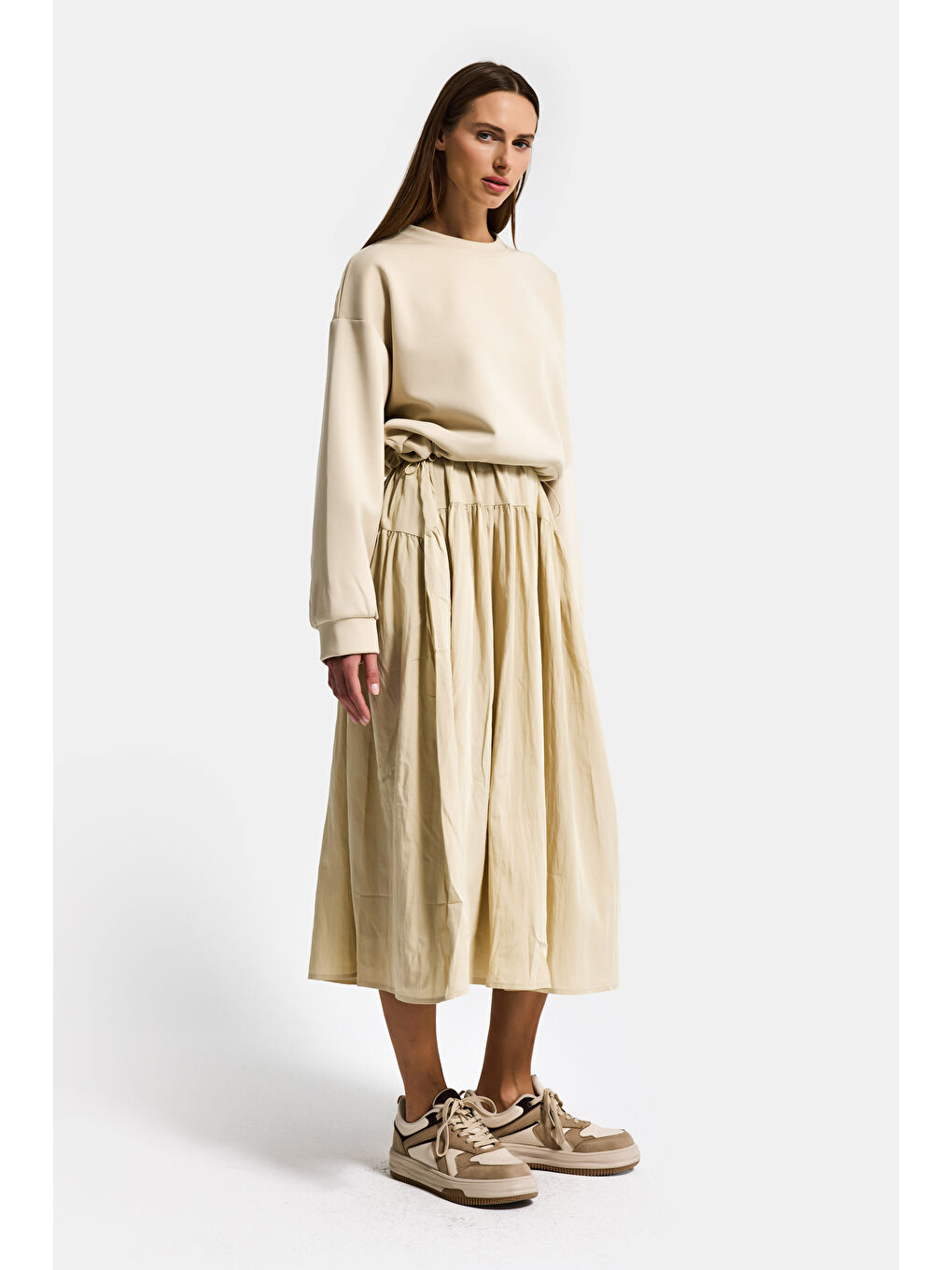 Kadın Bej w5 Sweatshirt Etek Tek Parça Tasarım Elbise-5