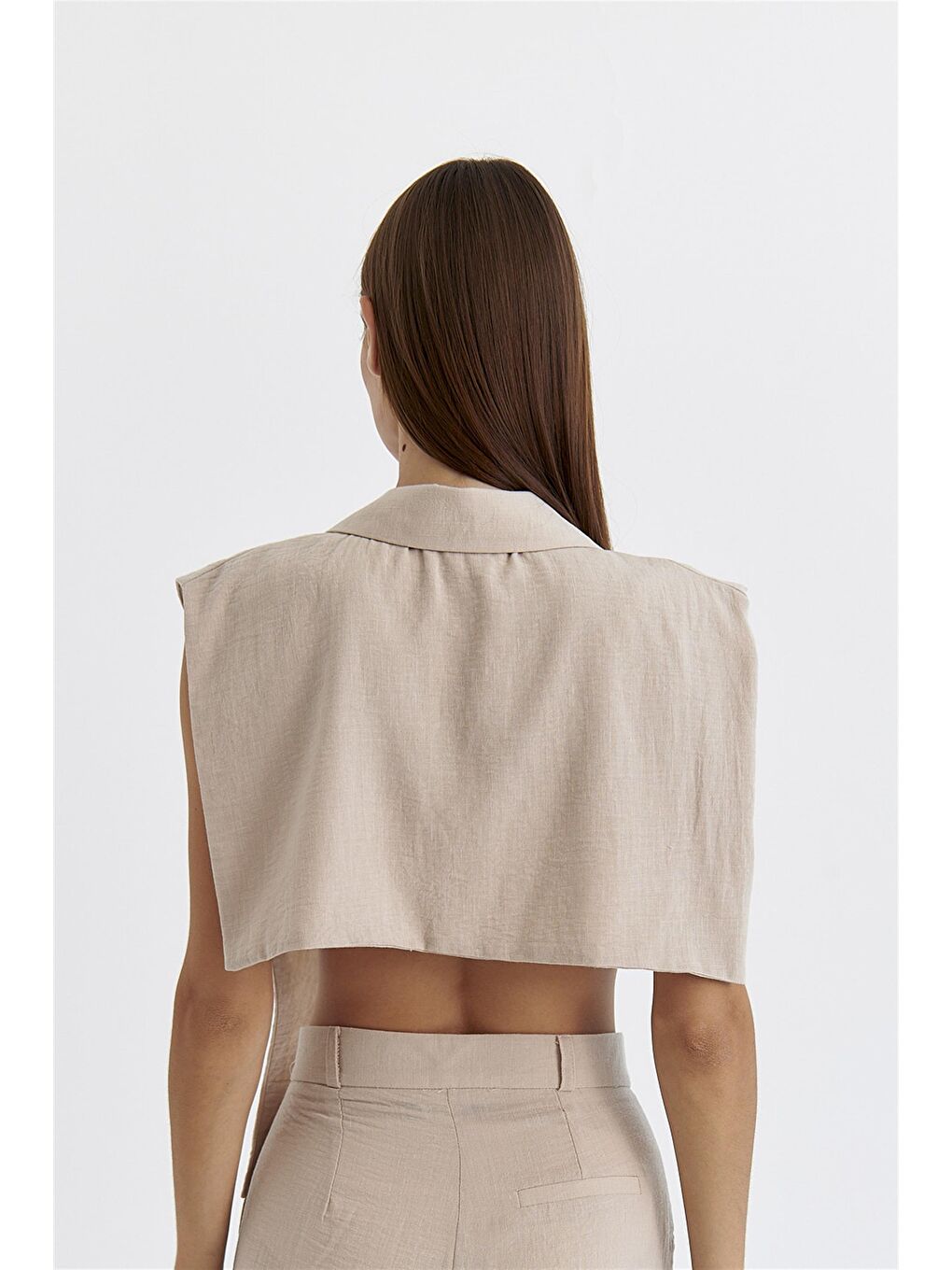 Bej Keten Karışımlı Tasarım Vizon Kadın Yelek-5