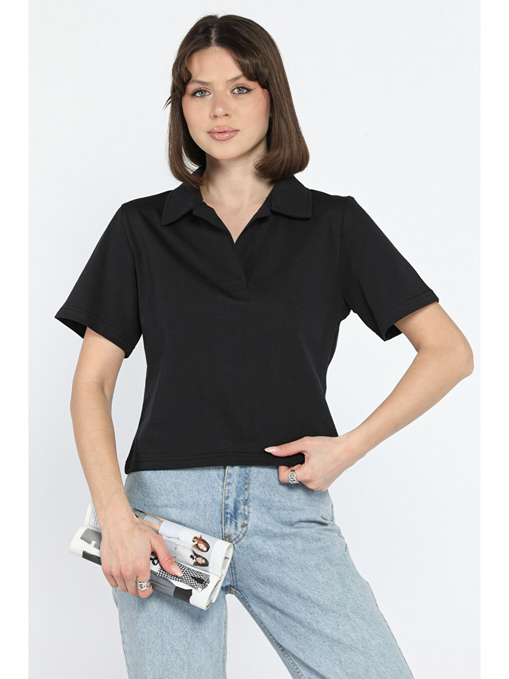 Siyah Kadın Polo Yaka Oversize Tişört