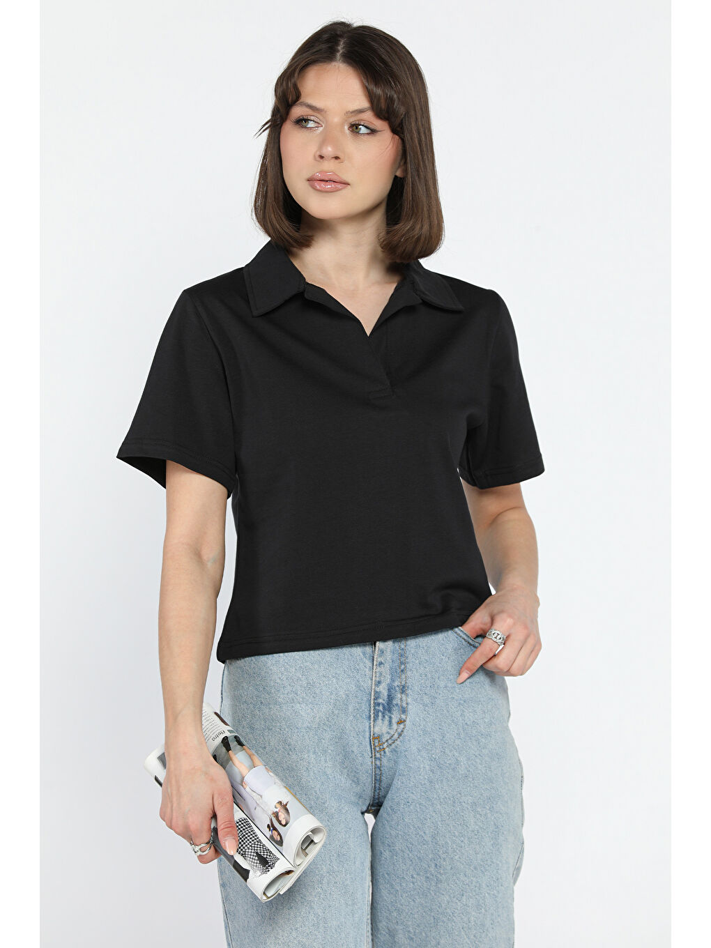 Siyah Kadın Polo Yaka Oversize Tişört-1