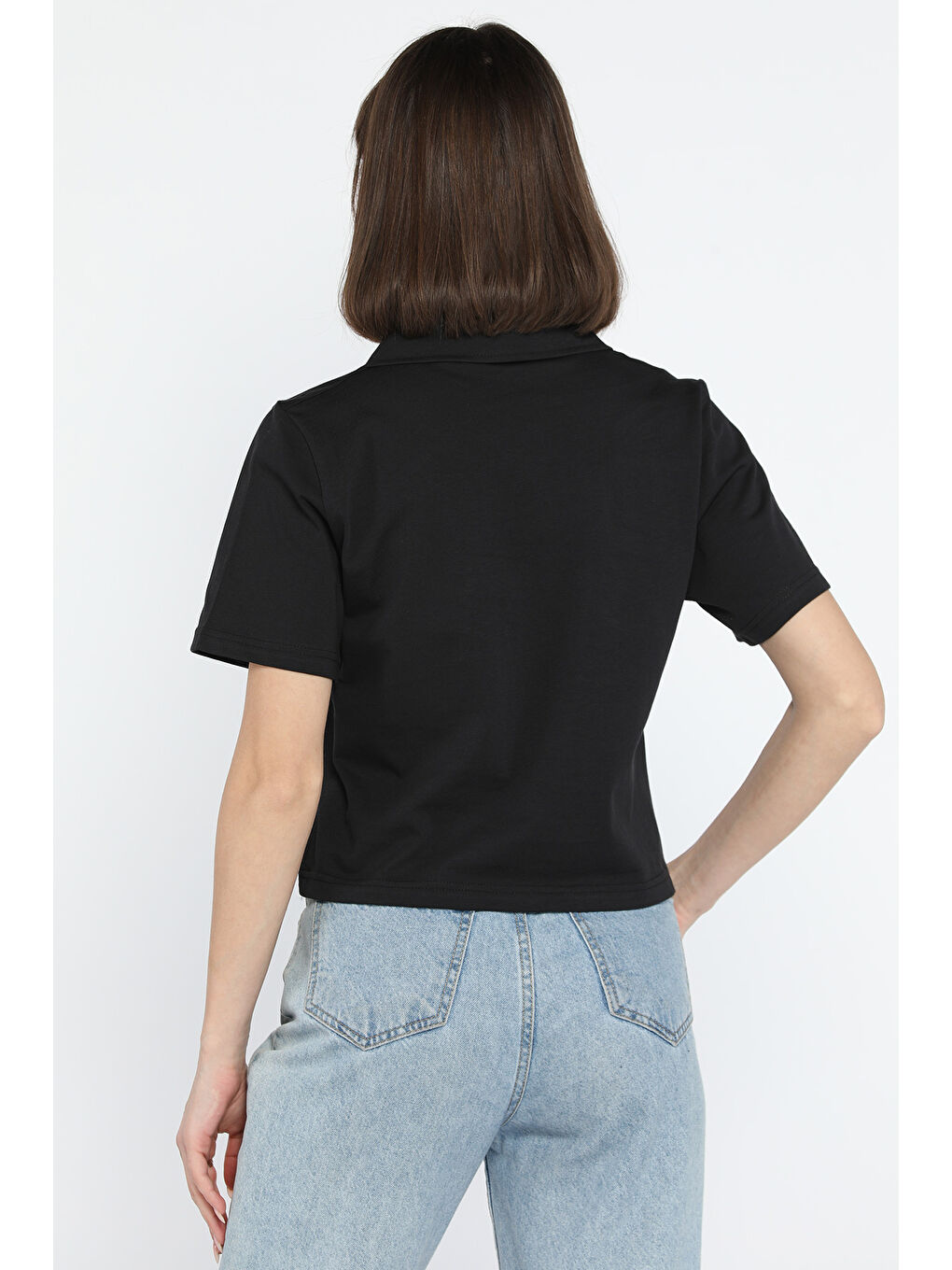 Siyah Kadın Polo Yaka Oversize Tişört-2