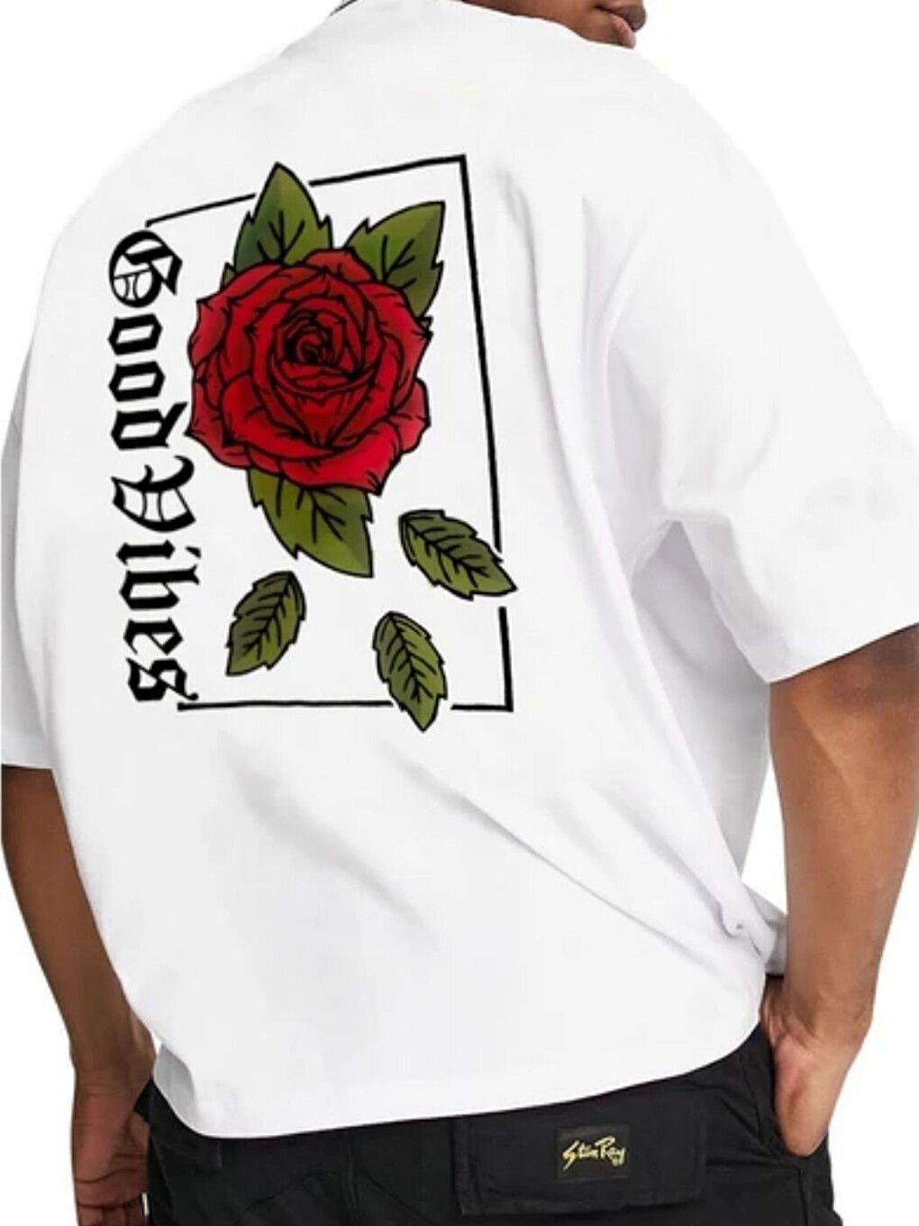 Erkek Beyaz Rose Good Vibes Baskı %100 Organik Pamuk Örme Oversize Tişört