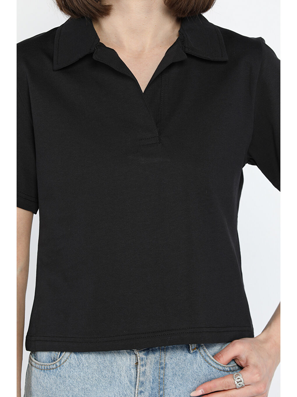 Siyah Kadın Polo Yaka Oversize Tişört-3