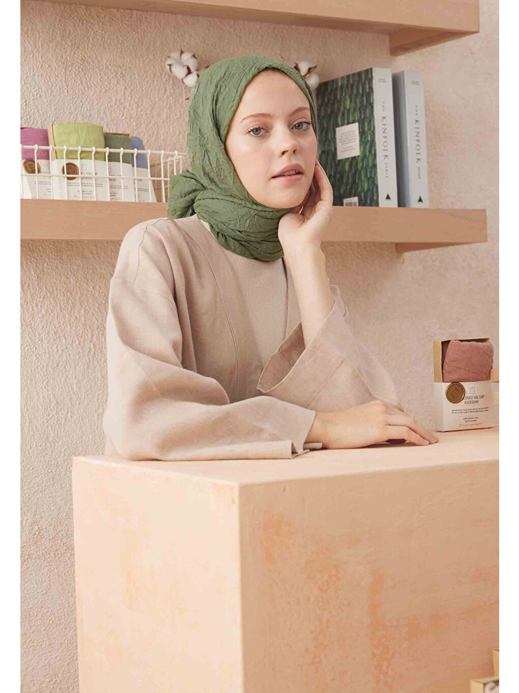 Yeşil Vual Crash Şal Yaprak-1