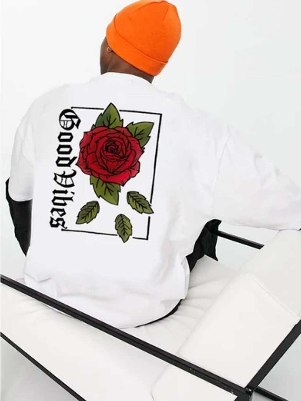 Erkek Beyaz Rose Good Vibes Baskı %100 Organik Pamuk Örme Oversize Tişört-1
