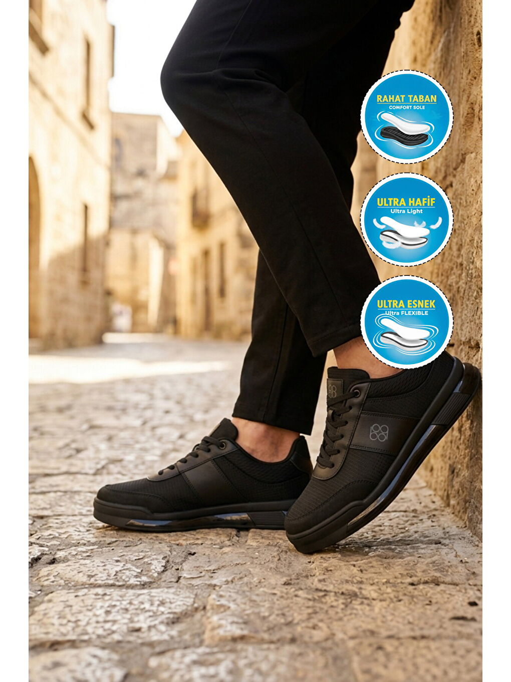 Siyah-Siyah Fileli Hafif Esnek Erkek Spor Ayakkabı BST-2088 M-2