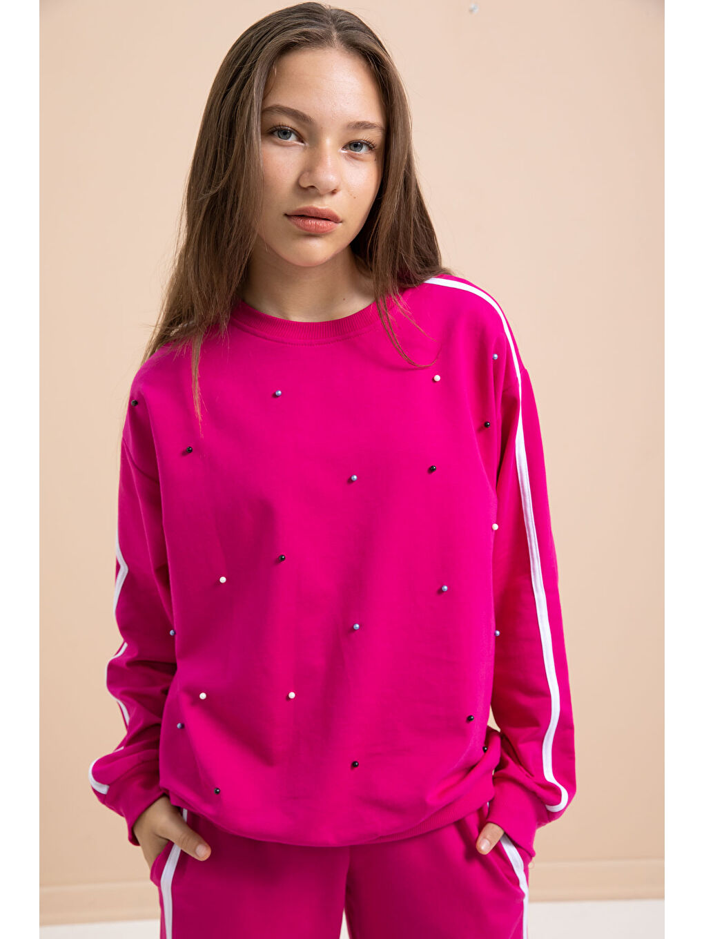 Fuşya İnci İşlemeli Bisiklet Yaka Kız Çocuk Şeritli Eşofman Takımı 21292-1