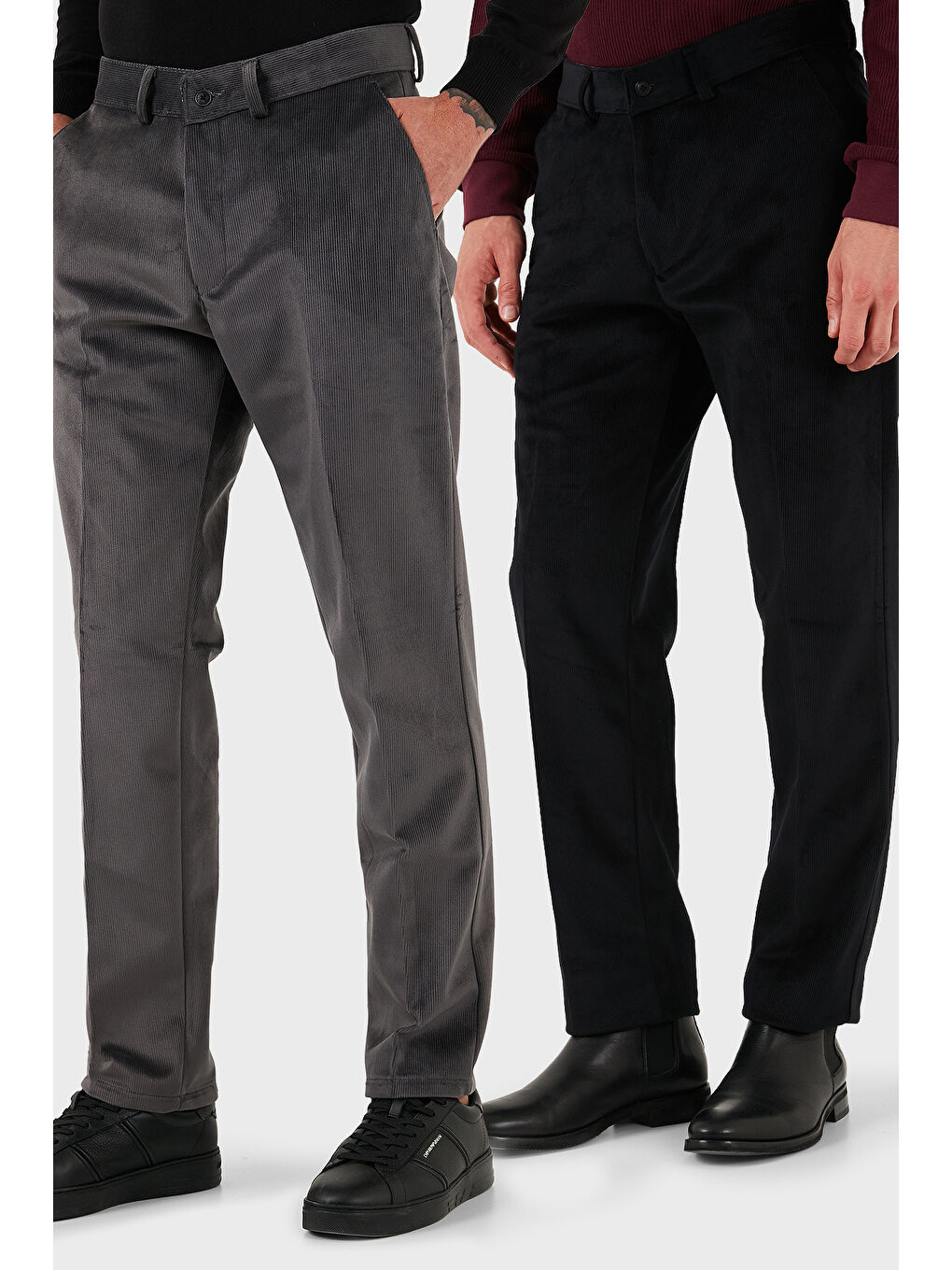 Gri Normal Bel Regular Fit Düz Paça 2'li Paket Kadife Pantolon 645MERLINS2