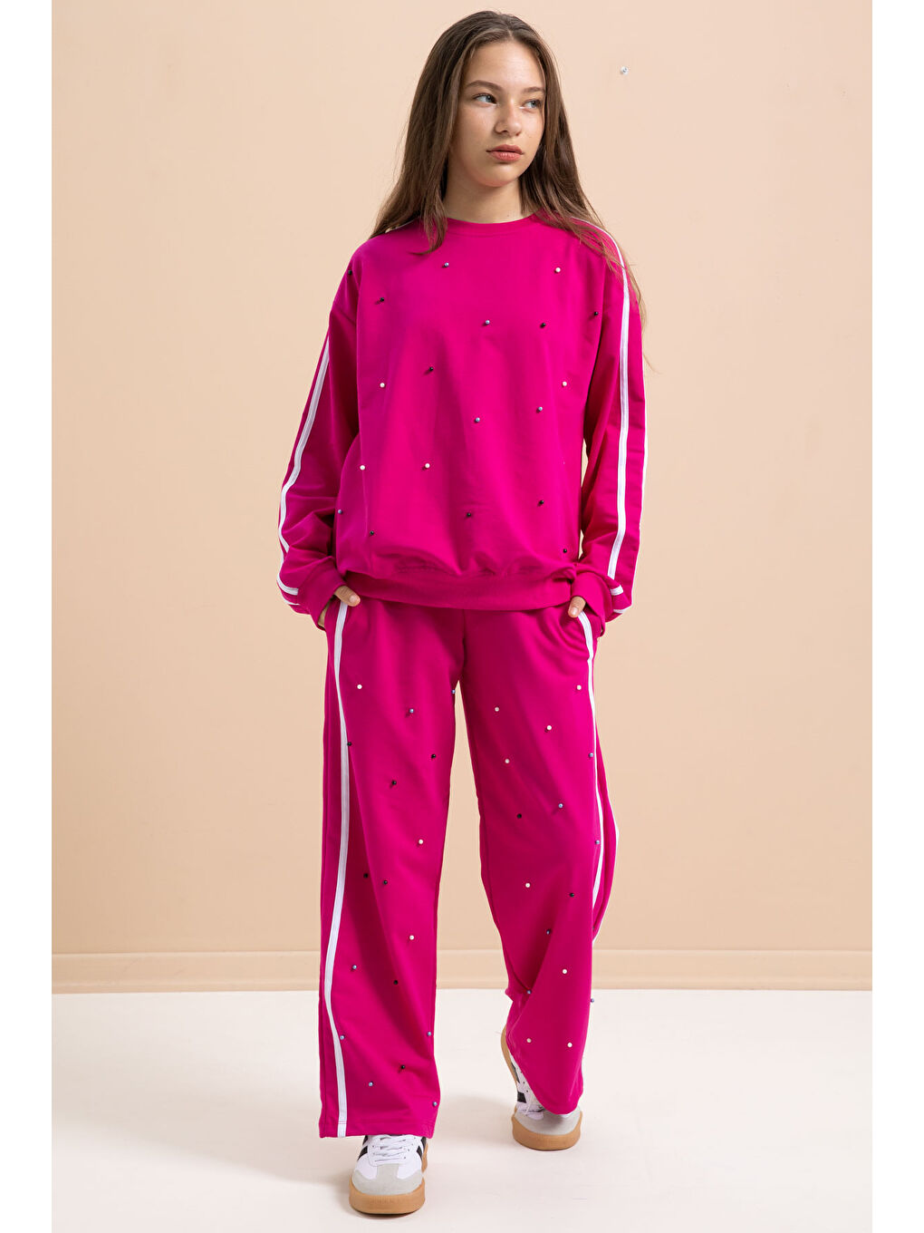 Fuşya İnci İşlemeli Bisiklet Yaka Kız Çocuk Şeritli Eşofman Takımı 21292-2