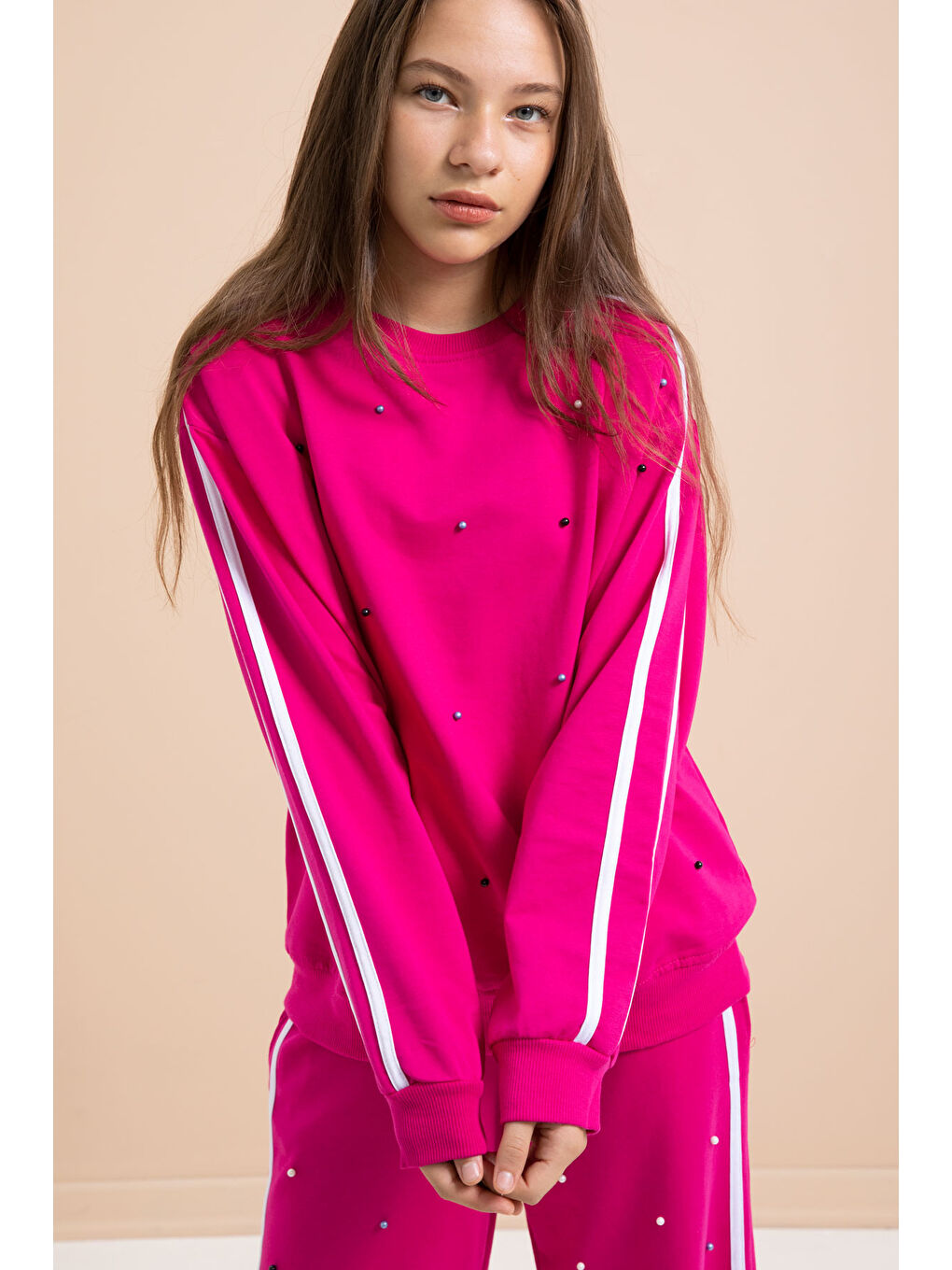 Fuşya İnci İşlemeli Bisiklet Yaka Kız Çocuk Şeritli Eşofman Takımı 21292-3