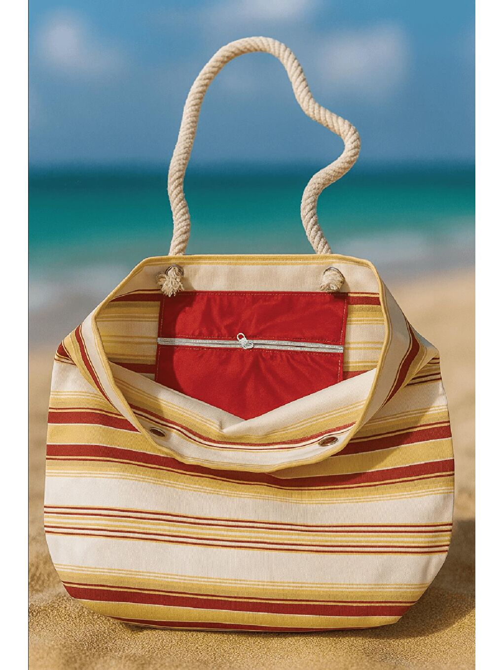 Kırmızı Sarı Çizgili Plaj Çantası-1
