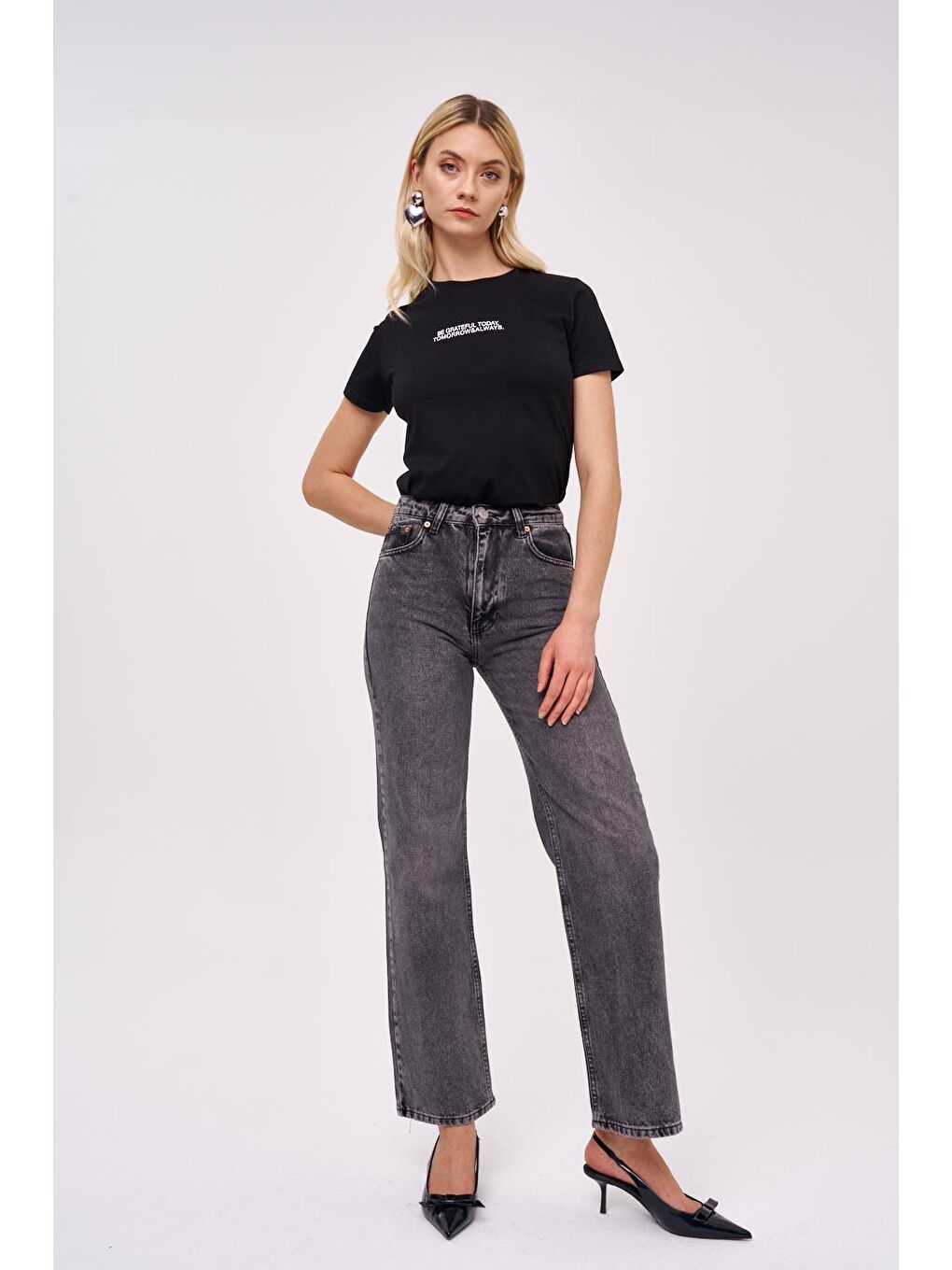 Wıde Leg Yüksek Bel Antrasit Kadın Jean Pantolon