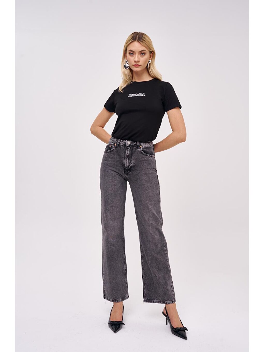 Wıde Leg Yüksek Bel Antrasit Kadın Jean Pantolon-1