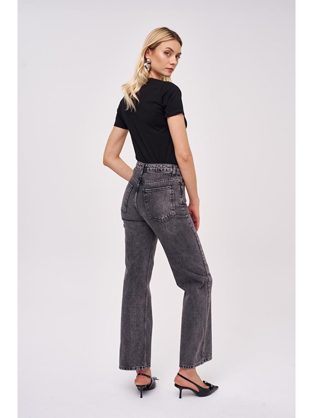 Wıde Leg Yüksek Bel Antrasit Kadın Jean Pantolon-2
