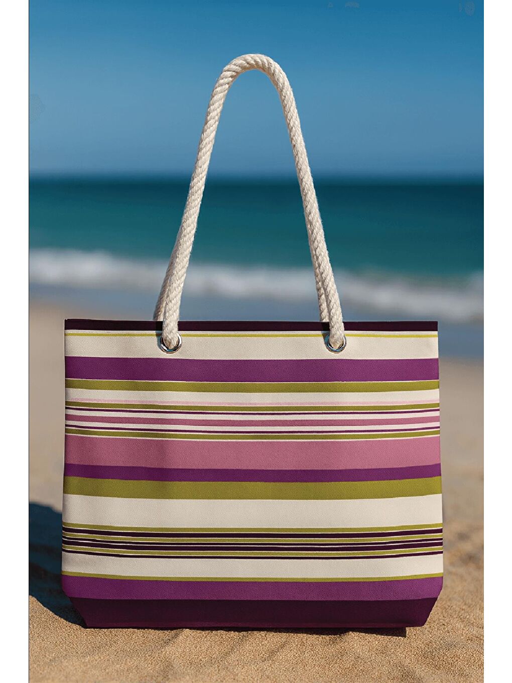 Koyu Mor Çizgili Plaj Çantası