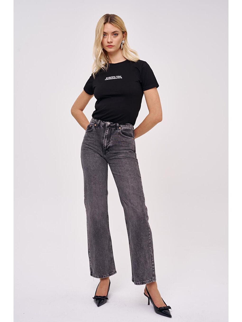 Wıde Leg Yüksek Bel Antrasit Kadın Jean Pantolon-3
