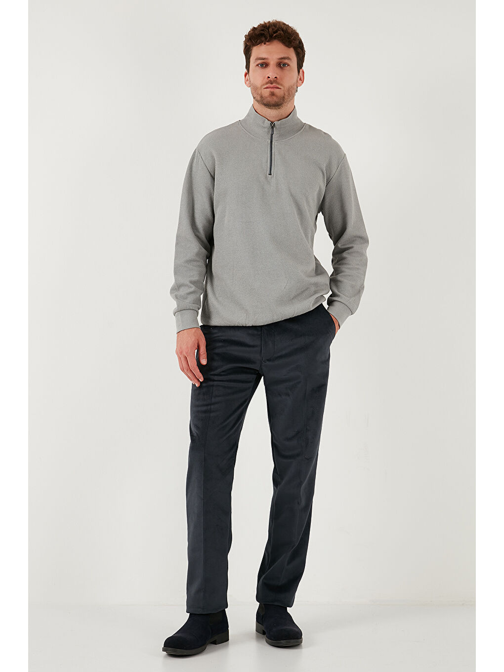 Gri Normal Bel Regular Fit Düz Paça 2'li Paket Kadife Pantolon 645MERLINS2-3