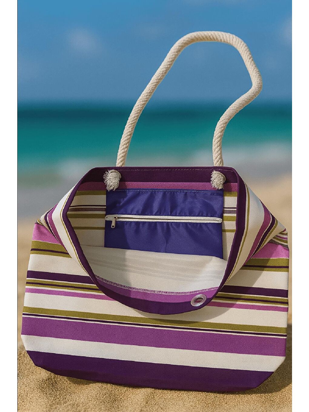 Koyu Mor Çizgili Plaj Çantası-1