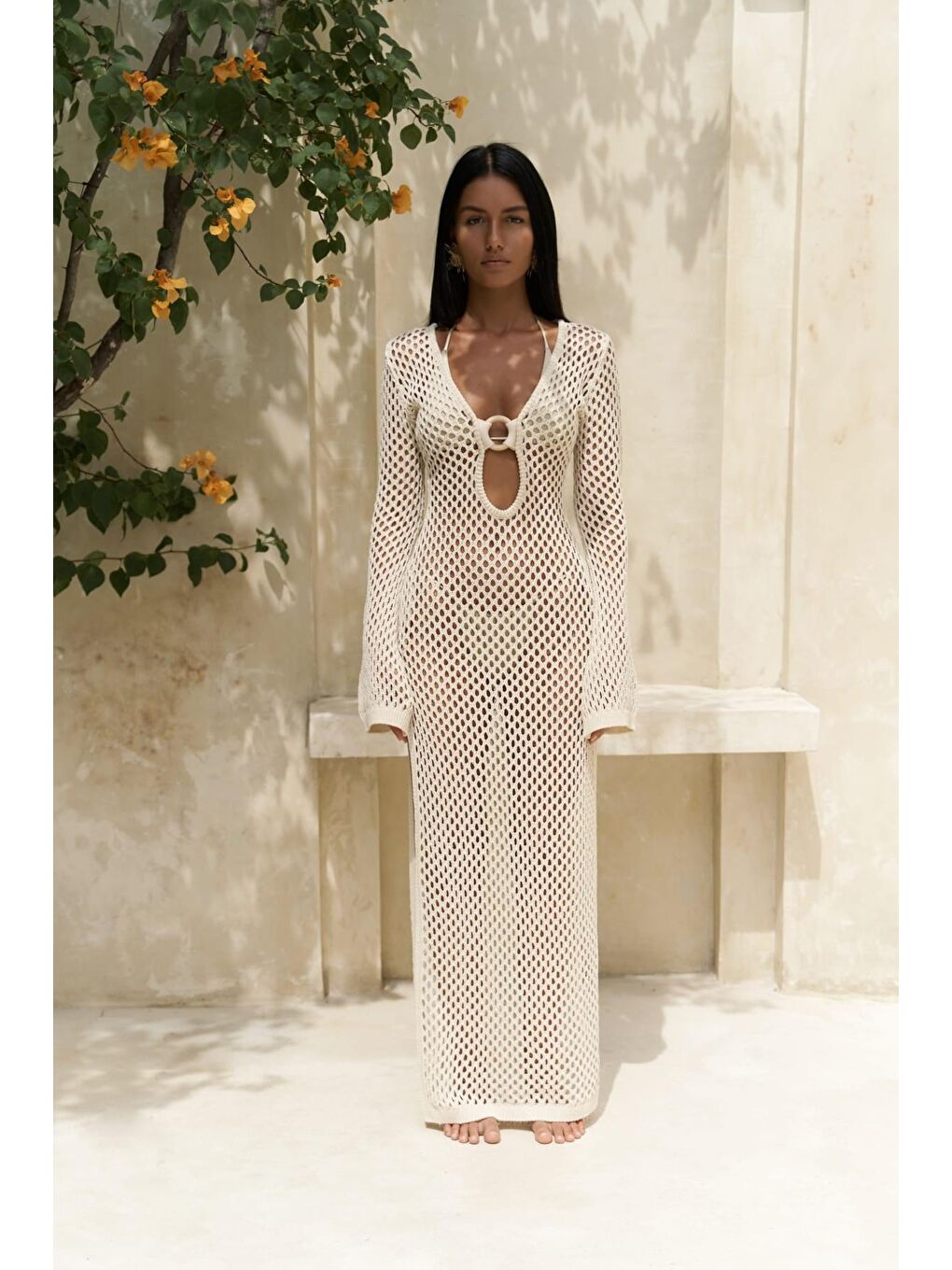 Seyşeller Ahşap Halka Detay Bej Triko Elbise-1